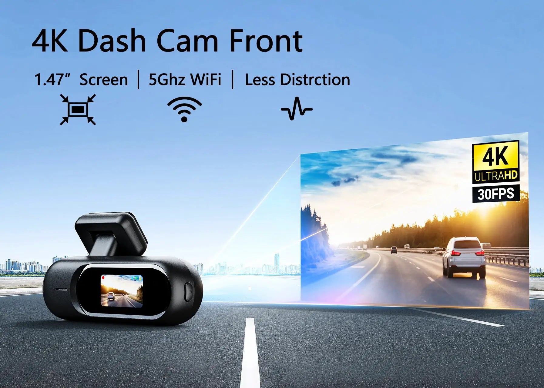4K dash cam with front and rear recording, HDR night vision, built-in Wi-Fi, parking mode
