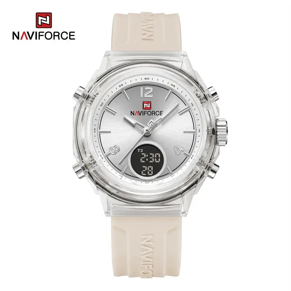 Naviforce women's watch with beige rubber strap, transparent case, silver dial, dual analog-digital display