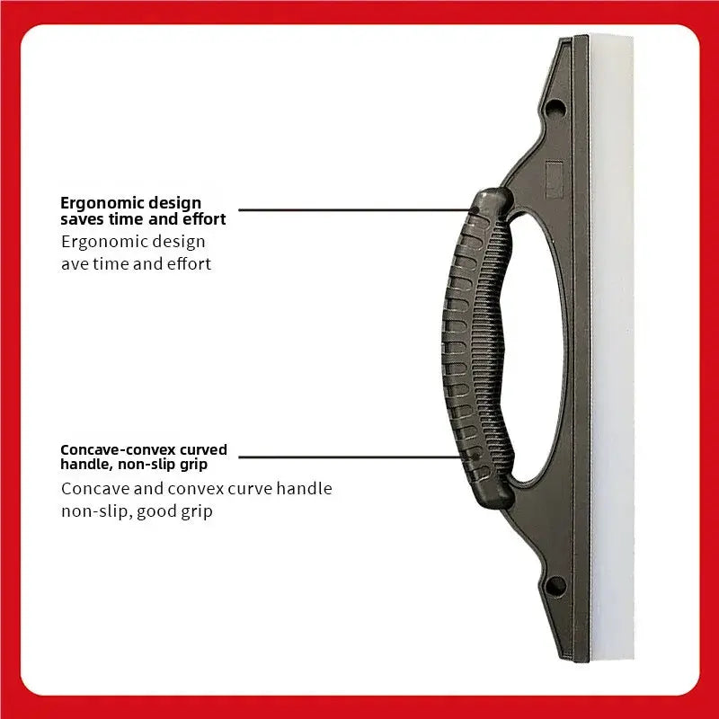 Car wash glass scraper with silicone ergonomic handle and non-slip grip, black frame, white blade