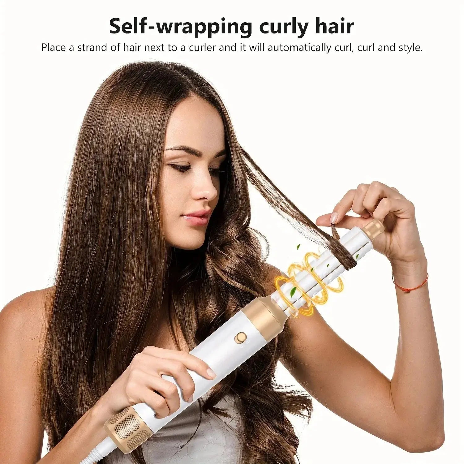 Tinsol 7-in-1 hair dryer brush, white with gold accents, being used to style long hair.