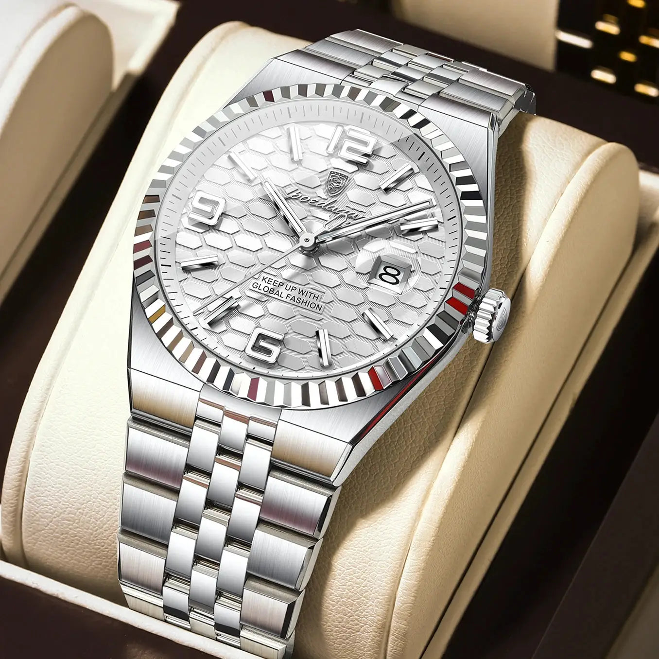 POEDAGAR stainless steel men's watch with textured silver dial and date window