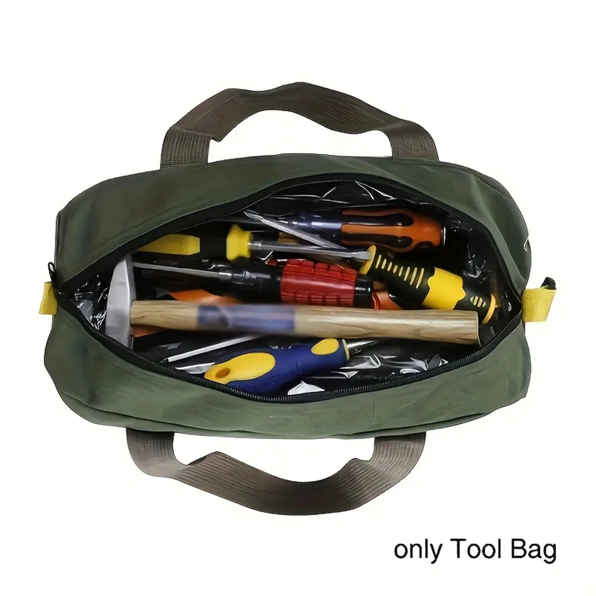 Maintenance tool bag by Simples Market, large-capacity green canvas, waterproof with tools inside