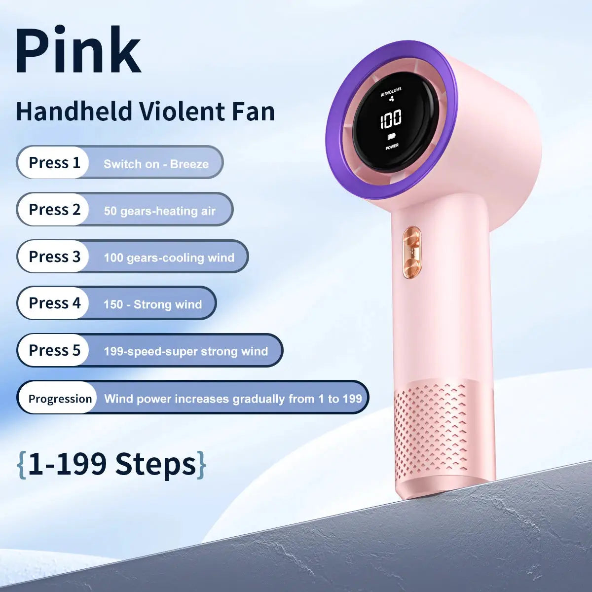 Pink handheld high-speed fan by Simples Market with digital display and 199 adjustable speed steps