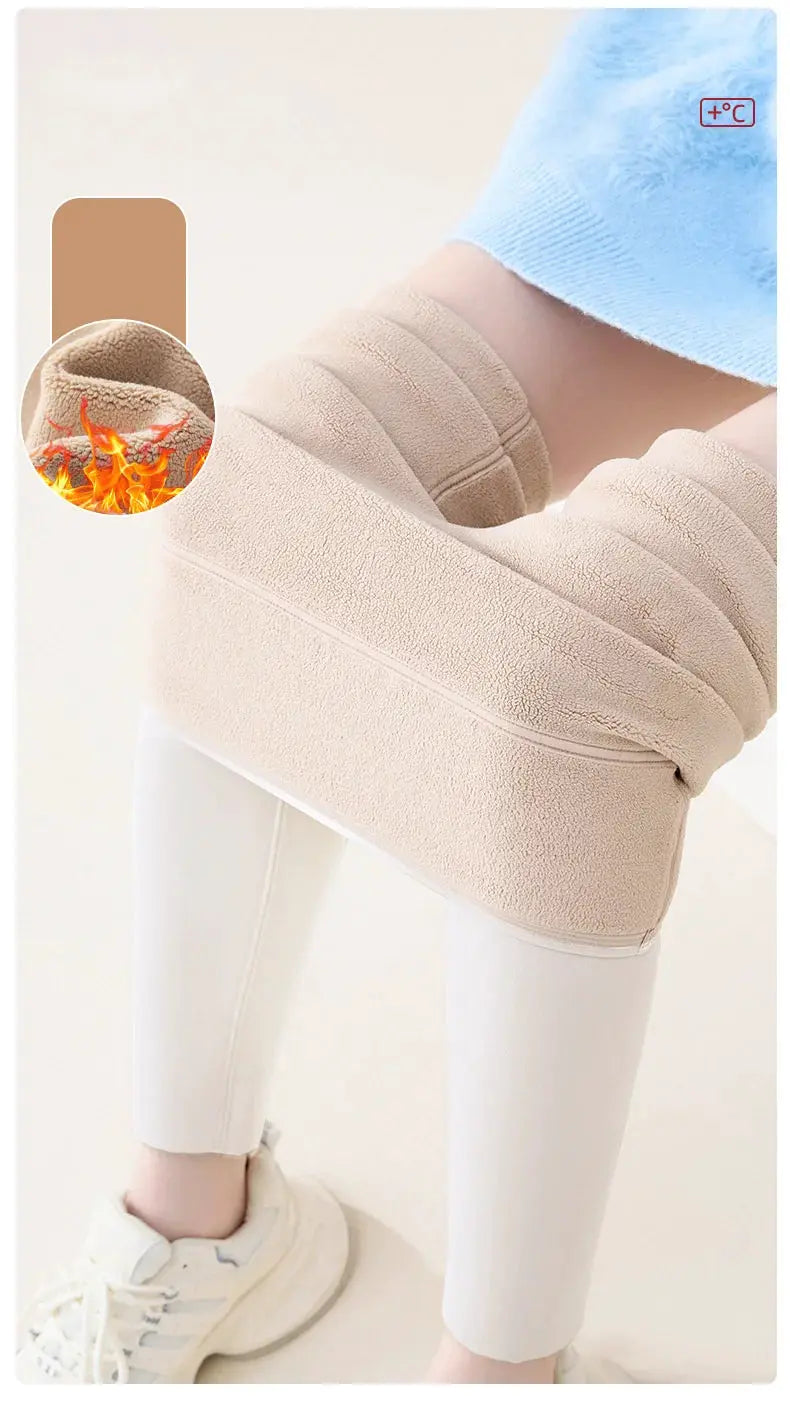 Beige BIVIGAOS high-waist fleece-lined sharkskin leggings for women, seamless slim-fit with velvet warmth