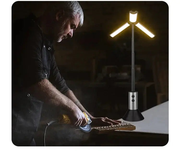 Simples Market portable rechargeable outdoor camping light with foldable LED arms and built-in power bank.