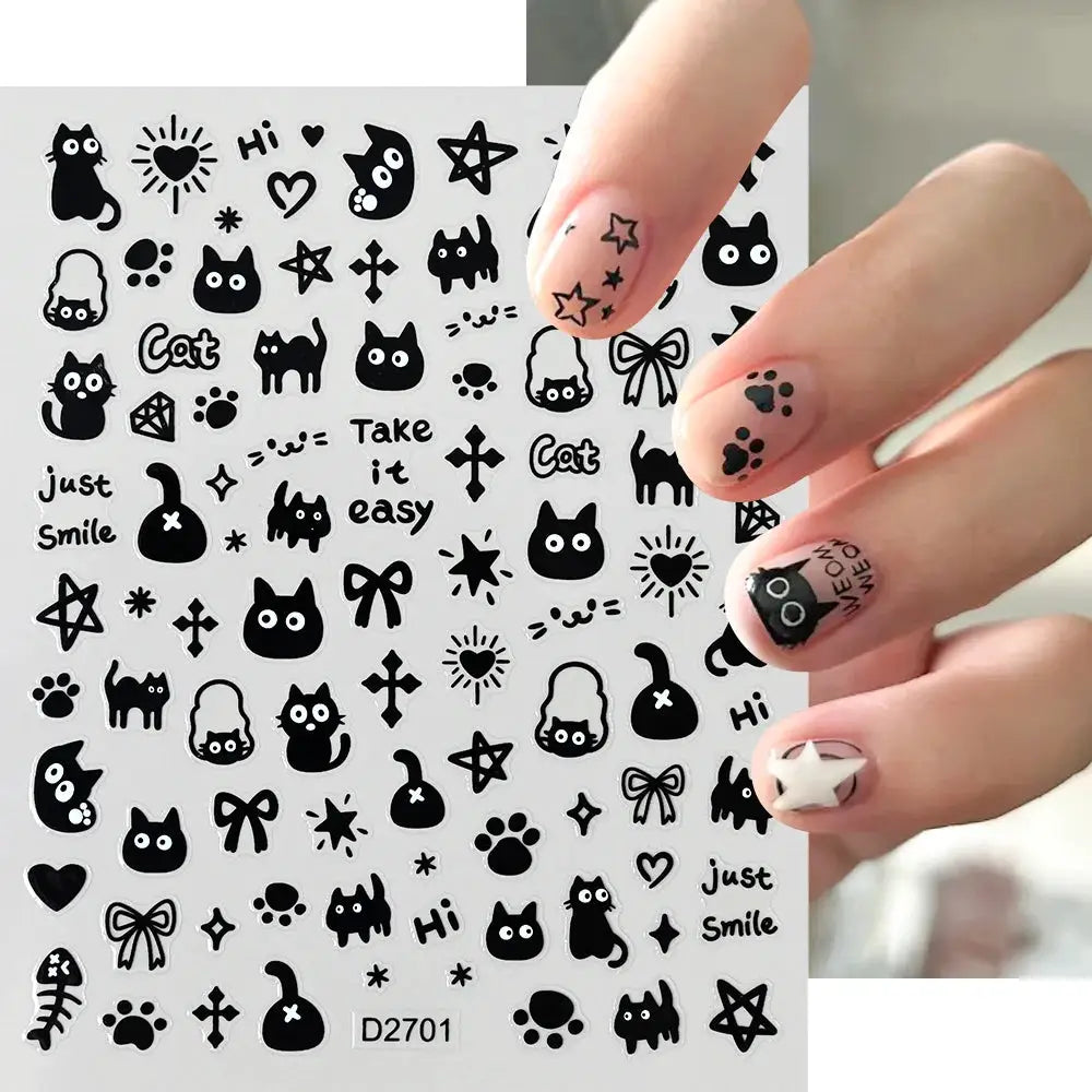 Nail sticker sheet with black cat decals, stars, bows and paw prints for kawaii manicure