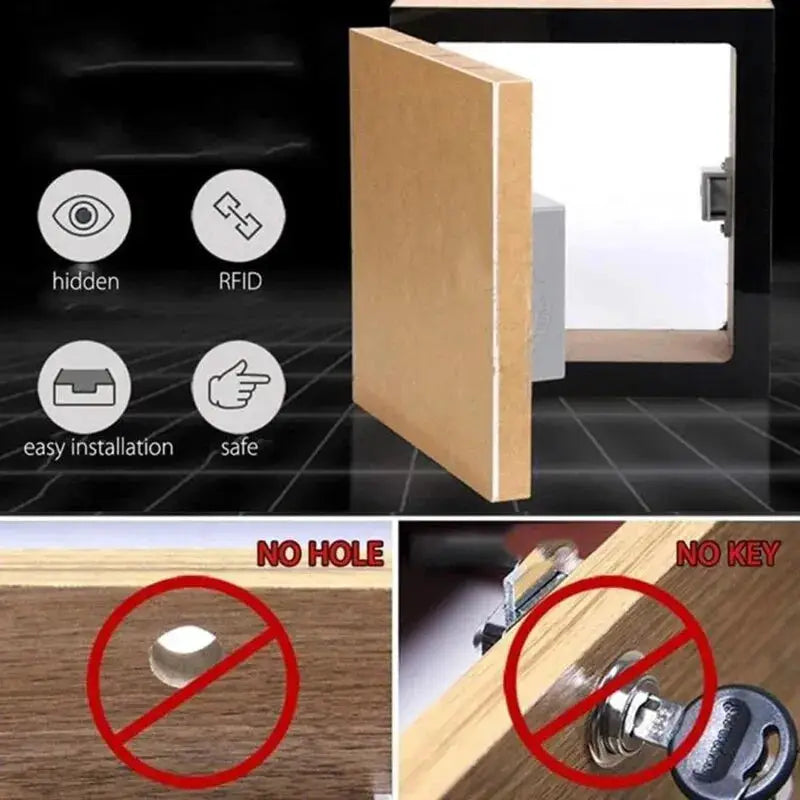 Smart Invisible Lock RFID Card Key for furniture cabinet; hidden installation, no drilling, Simples Market.