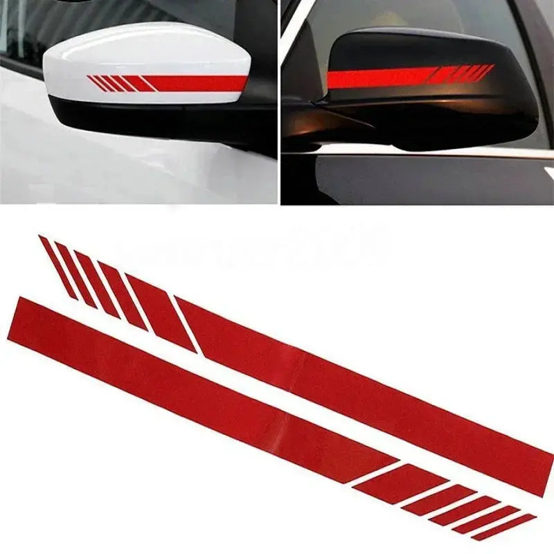 Car stripe stickers for rearview mirrors in red reflective vinyl; two mirror decals and a long red strip, Simples Market