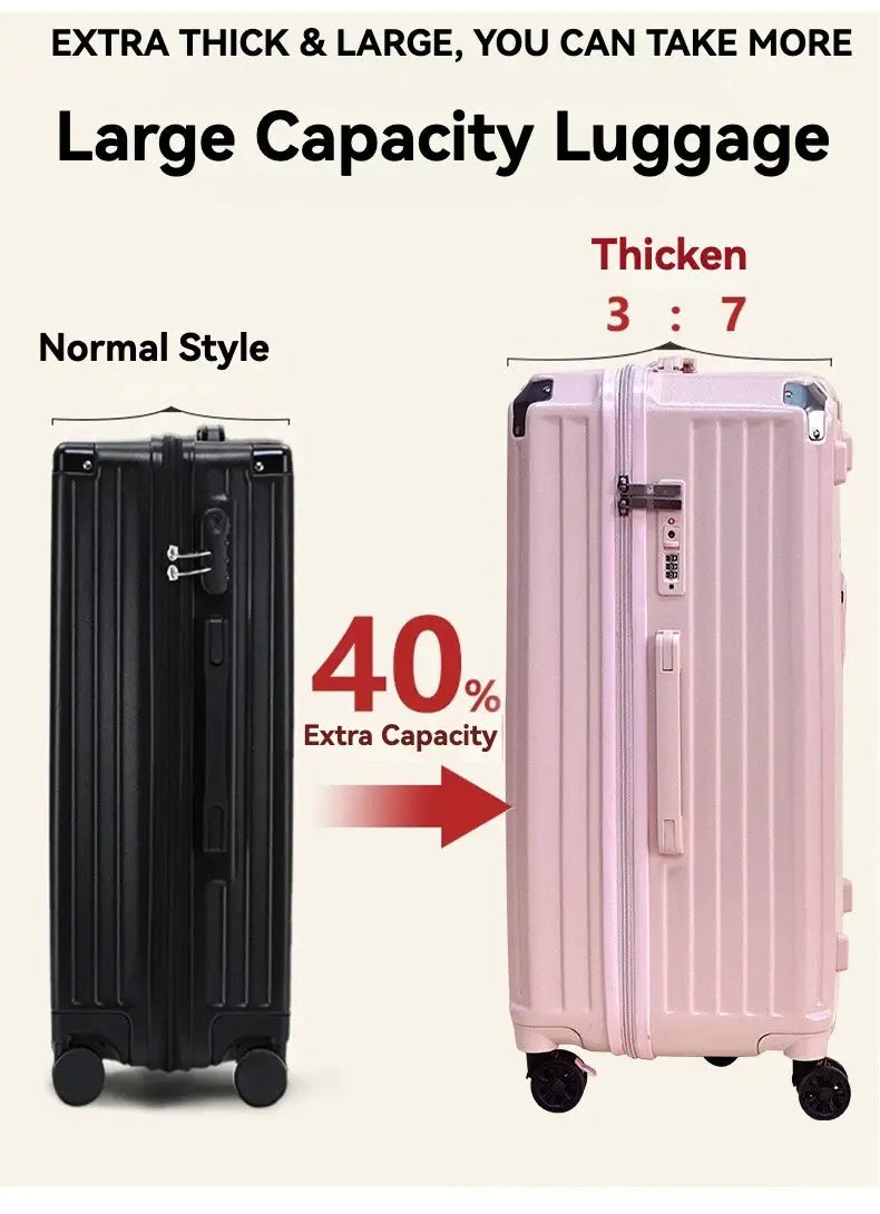 Two hard-shell carry-on suitcases, black standard and pink thick model, with 40% extra capacity.