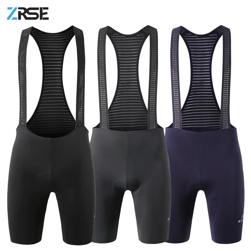 Three men's cycling bib shorts in black, gray, and navy with striped breathable mesh bibs; padded, ZRSE logo.