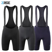 Three men's cycling bib shorts in black, gray, and navy with striped breathable mesh bibs; padded, ZRSE logo.