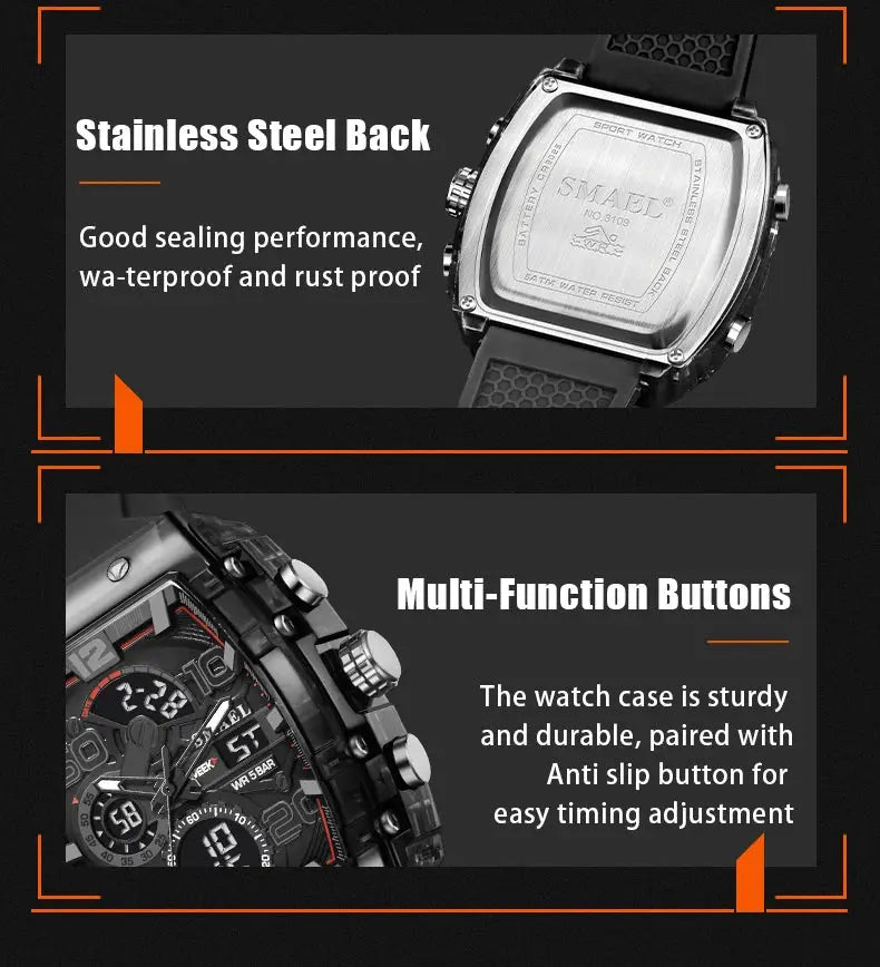 SMAEL 8109 men's square dual-display sport watch with stainless steel back and black silicone strap.