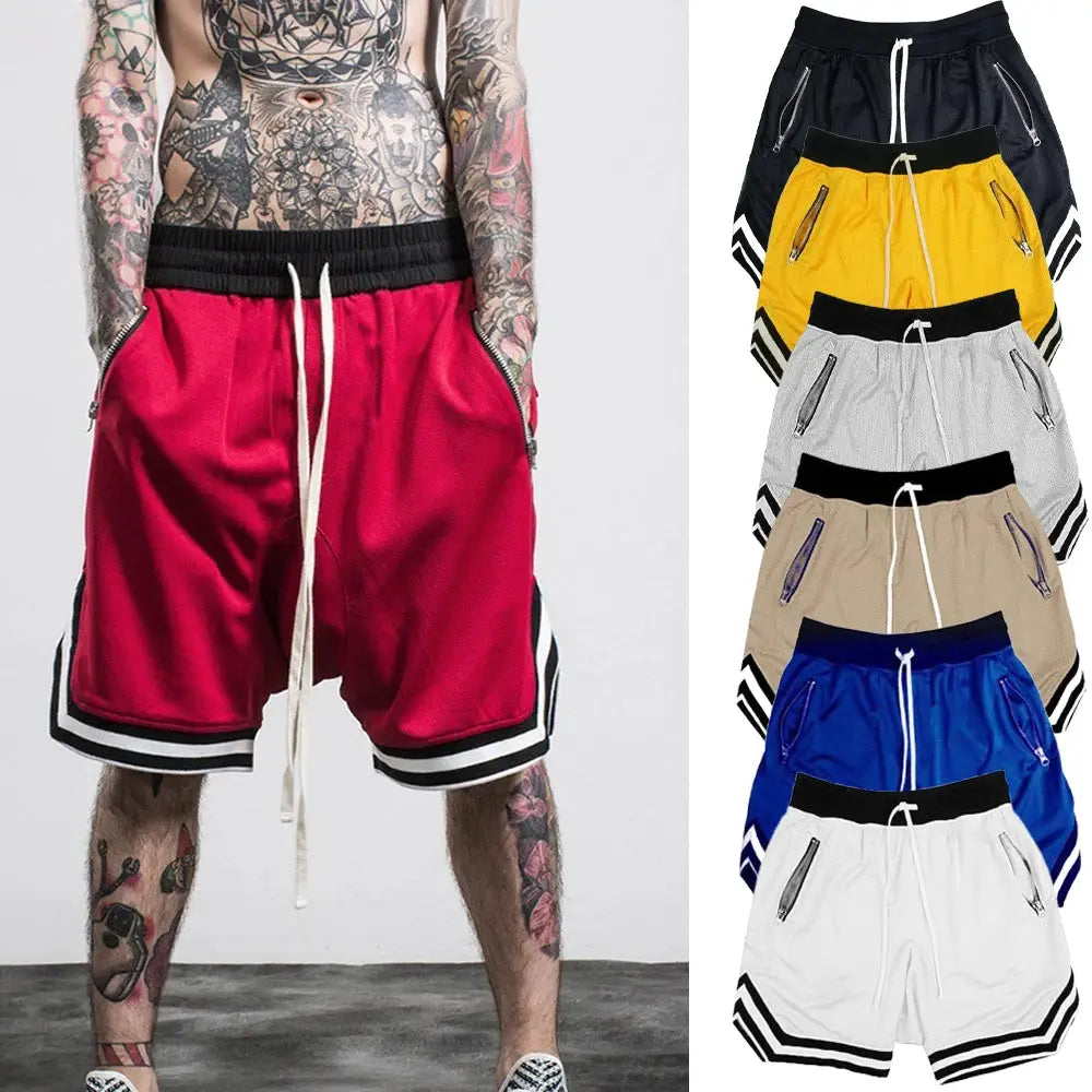 Simples Market men's mesh quick-dry basketball shorts with drawstring waist; red pair shown, plus 6 color options.