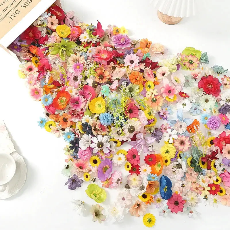 Artificial flowers mix set (20/50Pcs), silk blooms in assorted colors for wedding and home decor.