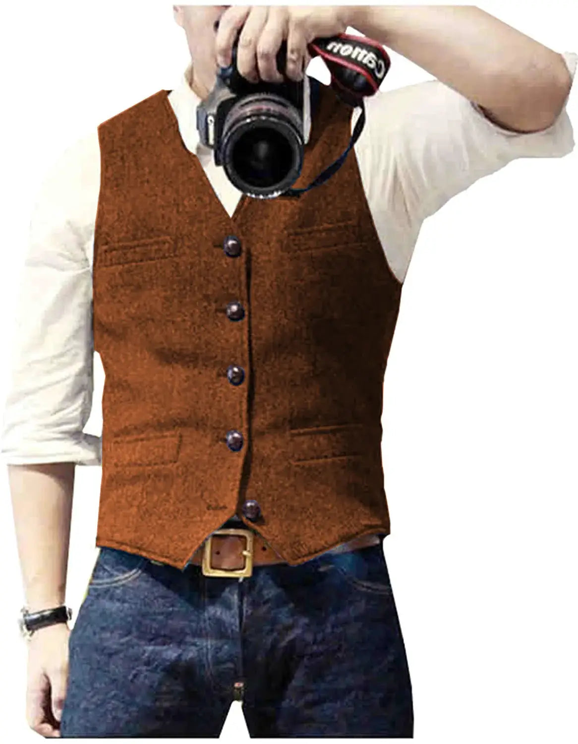 Men's suit vest in brown wool herringbone tweed with V-neck and button-front.