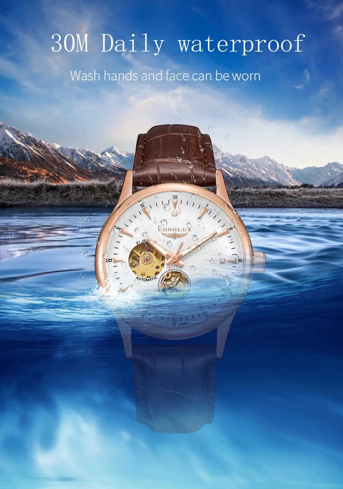 LONGLUX automatic skeleton watch with rose-gold case, white dial, brown leather strap, 30m water resistant