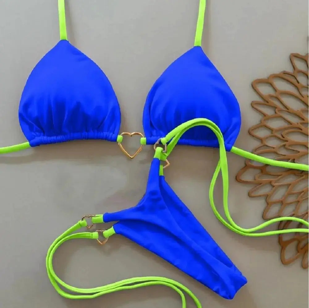 RUOTONSEPT blue halter bikini set, two-piece with neon lime straps, triangle top and thong bottom