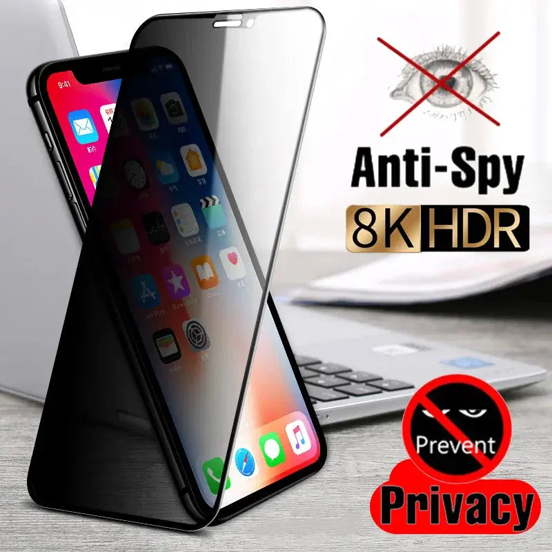 Simples Market full-cover privacy screen protector for iPhone, anti-spy, 8K HDR with two iPhones shown