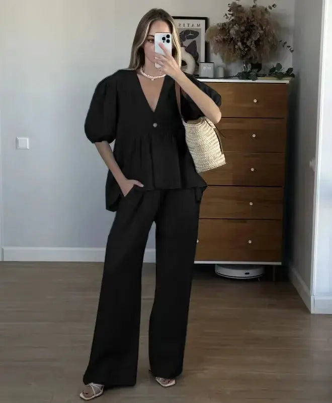 Women Two Piece Set Solid Color V Neck Short Sleeve Top And Long Pants