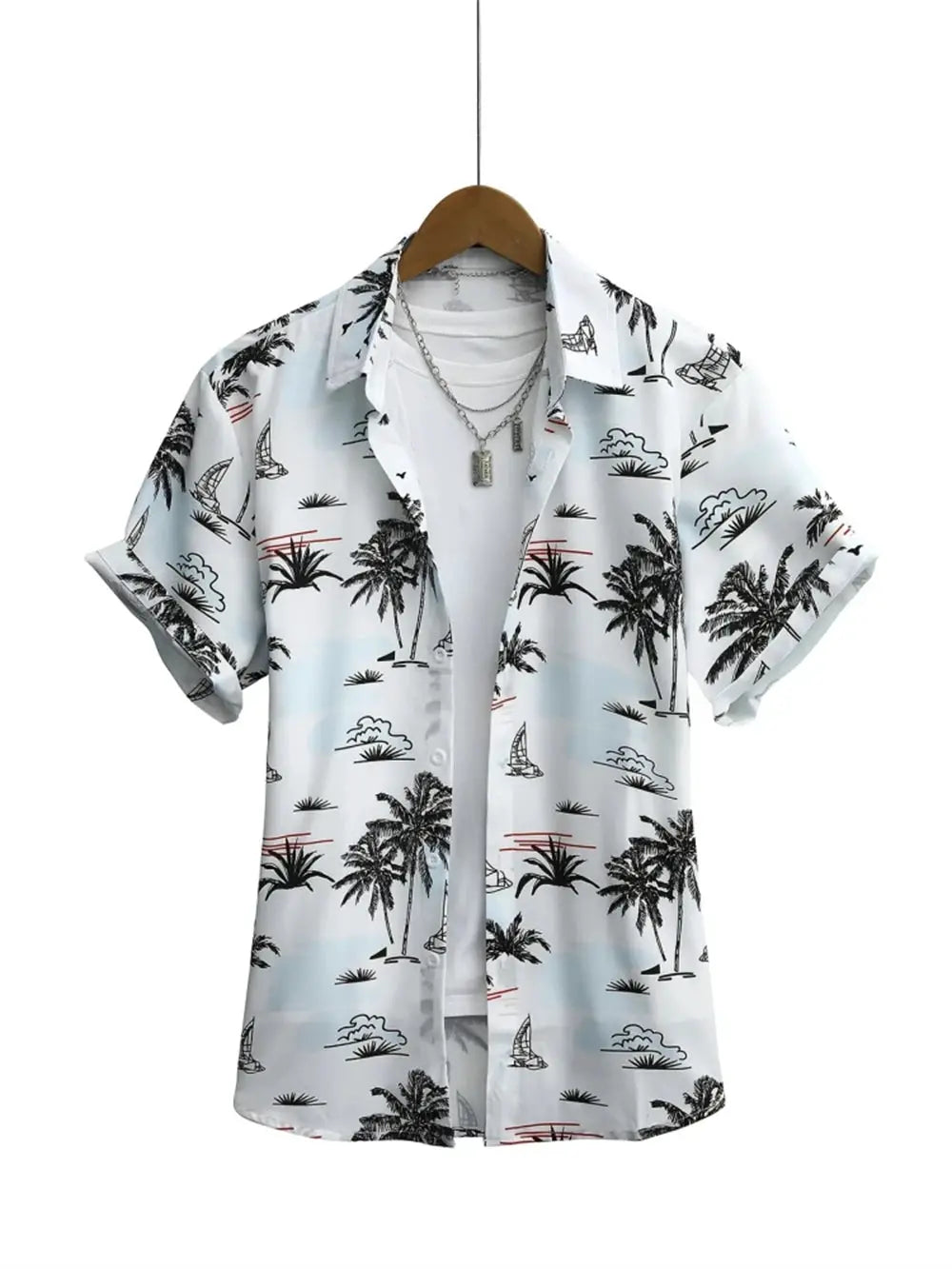 Men's Hawaiian palm-tree print short-sleeve shirt on white background