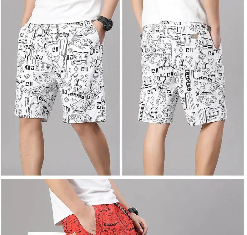 Mens 100% cotton shorts with elastic waist, white and red printed beach shorts, relaxed fit; Simples Market