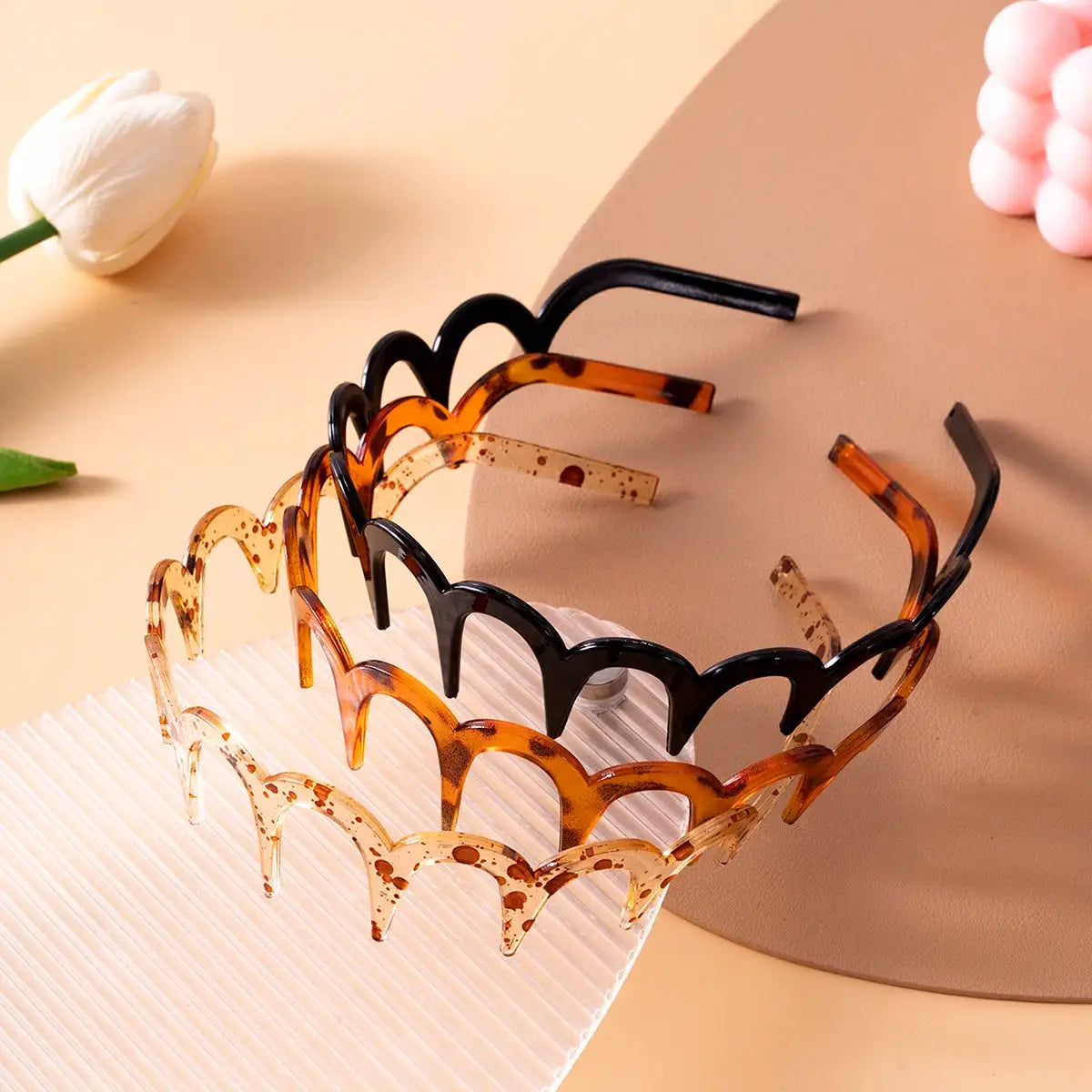 Korean women hair comb headbands set of 3, non-slip U-shaped plastic bands in black, tortoiseshell and speckled cream
