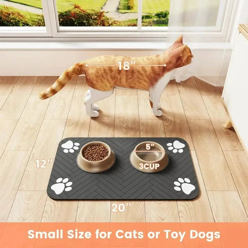 Simples Market Absorbent Pet Mat for cat or toy dog bowls; dark gray non-slip mat with paw prints, two bowls.