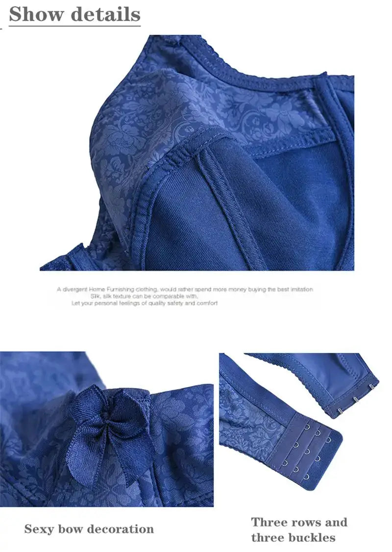 Blue lace bra with floral pattern, bow decoration, and three-row hook closure