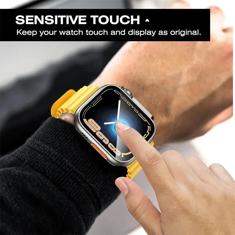 Glass+Case screen protector with yellow bumper for Apple Watch by Simples Market, 38–46mm, Series 5–10