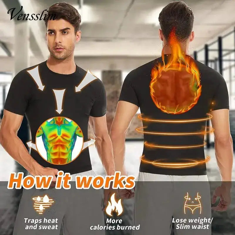 Vensslim black men's sauna vest; heat-trapping fitness tank top shown from the front and back.