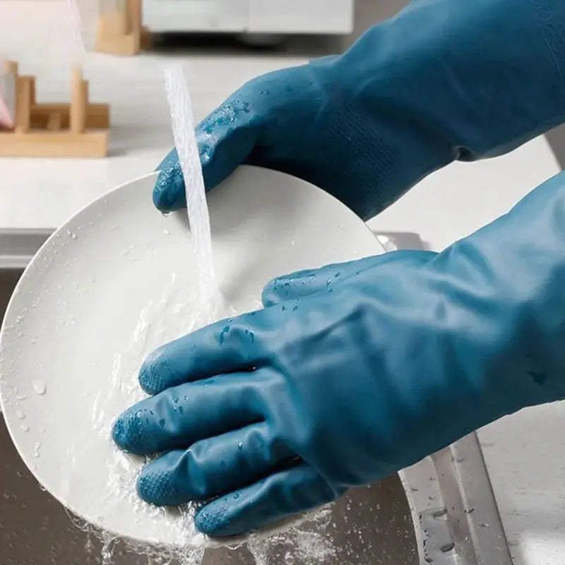 Simples Market blue waterproof cleaning gloves with fleece lining, thick pair for dishwashing