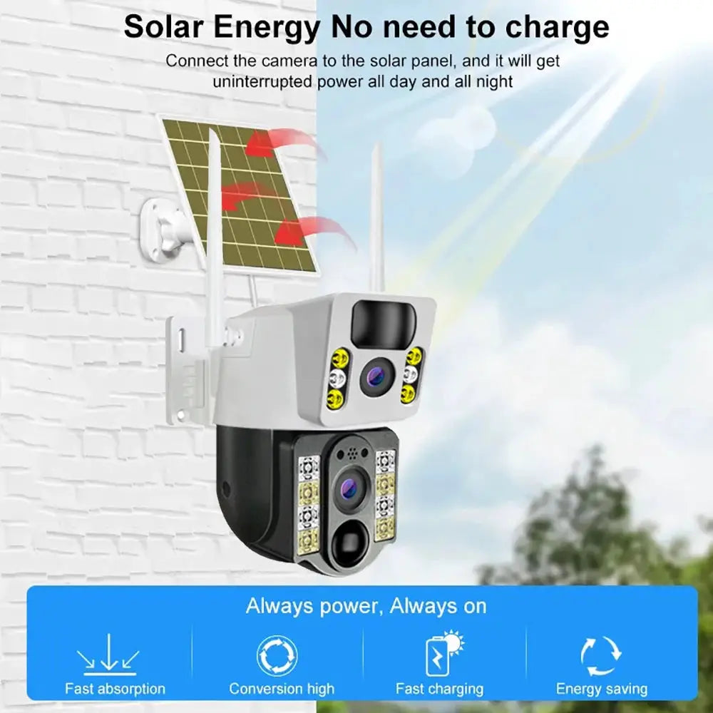 Outdoor solar camera with dual lenses, 8MP/4K, night vision, wall-mounted solar panel