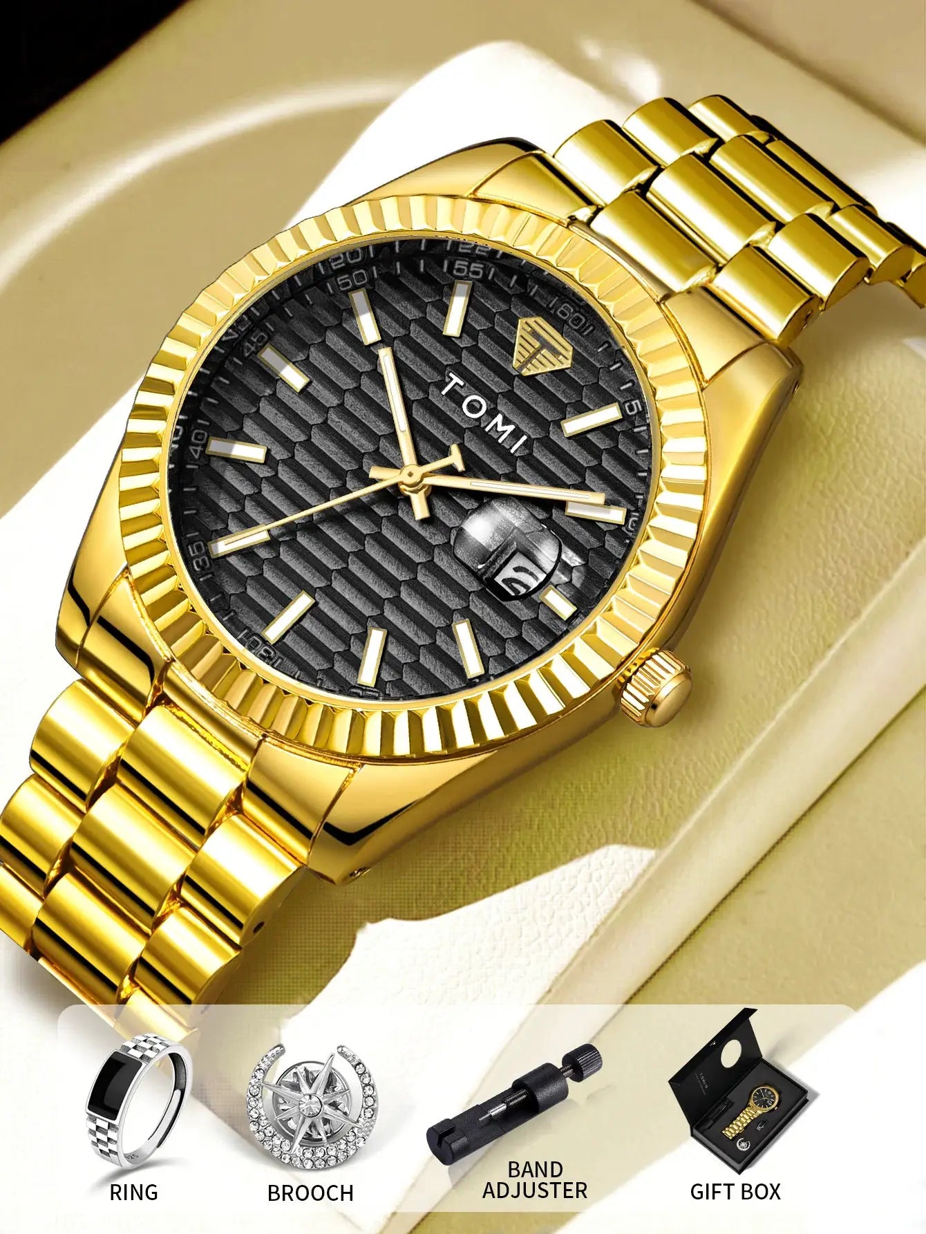 TOMI gold-tone men's watch with stainless steel strap and black textured dial; date window.