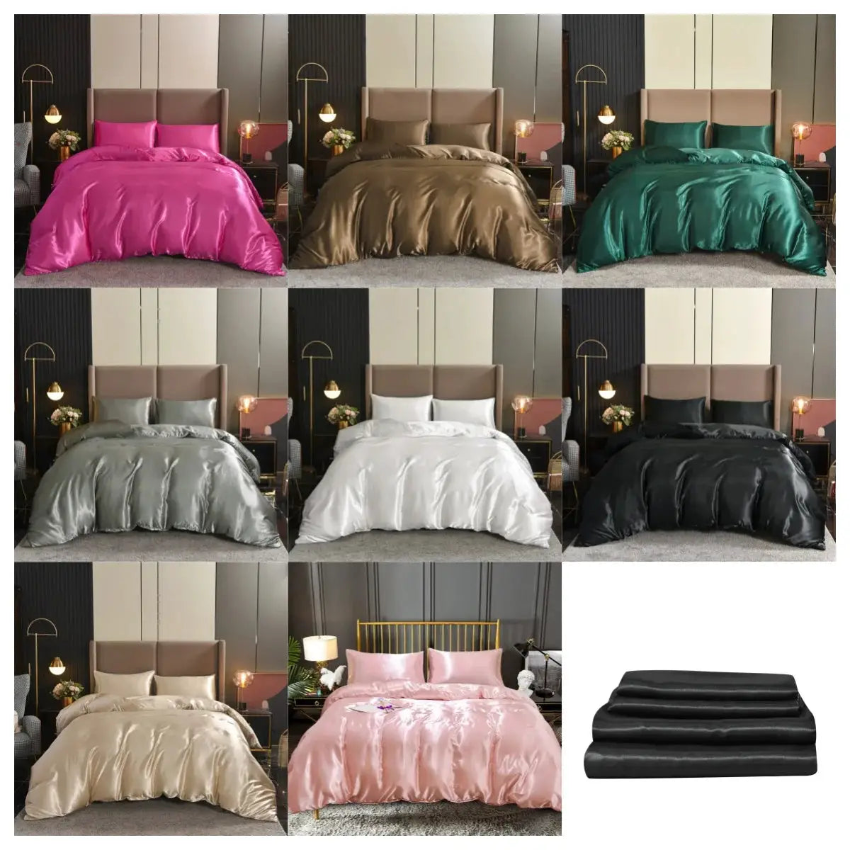 Satin duvet cover set, 3pc, queen, by Simples Market, shown in 9 colorways with folded sheets.