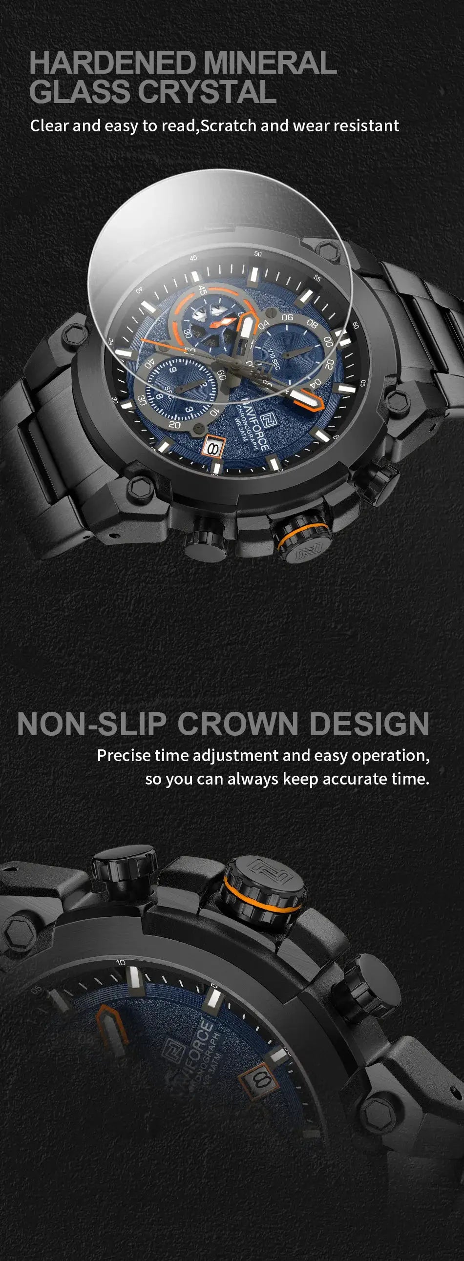 NAVIFORCE men's chronograph watch with blue dial, black stainless steel case and orange accents