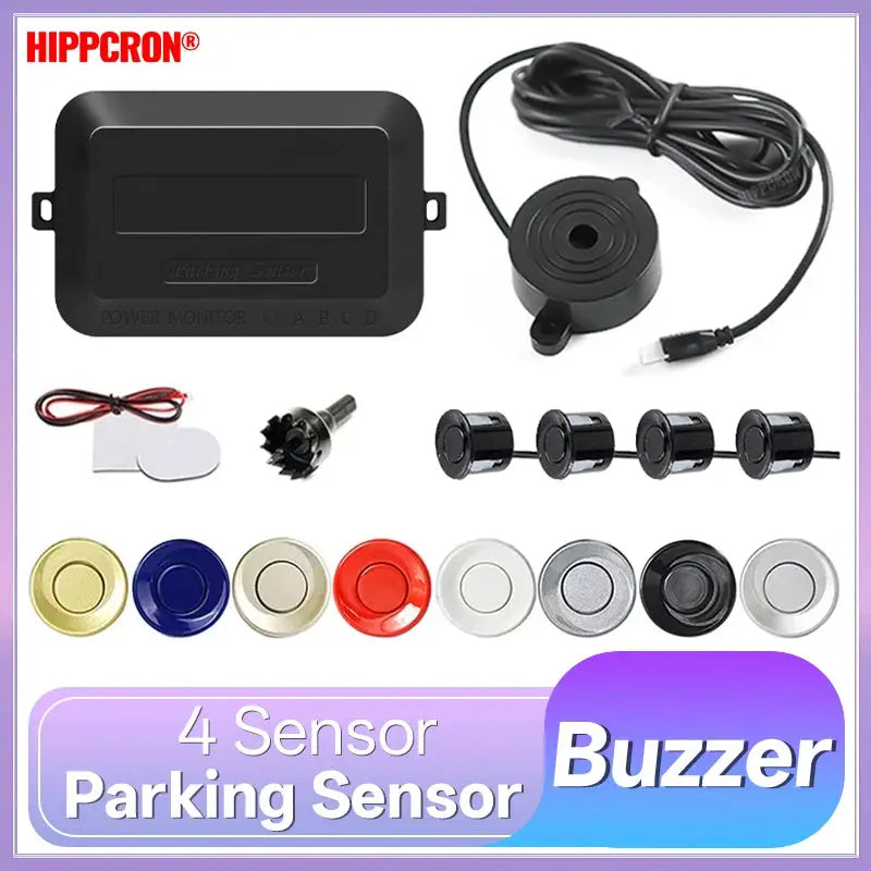 Hippcron 4-Sensor Car Parking Sensor Kit with Buzzer, 12V, includes controller and 4 circular sensors