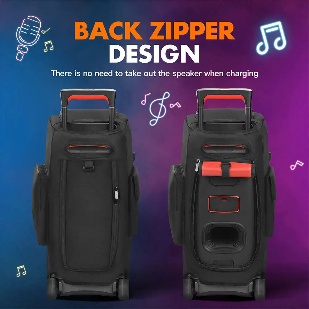 Black portable speaker dust case with mic pocket for JBL PartyBox models; wheeled carry bag.