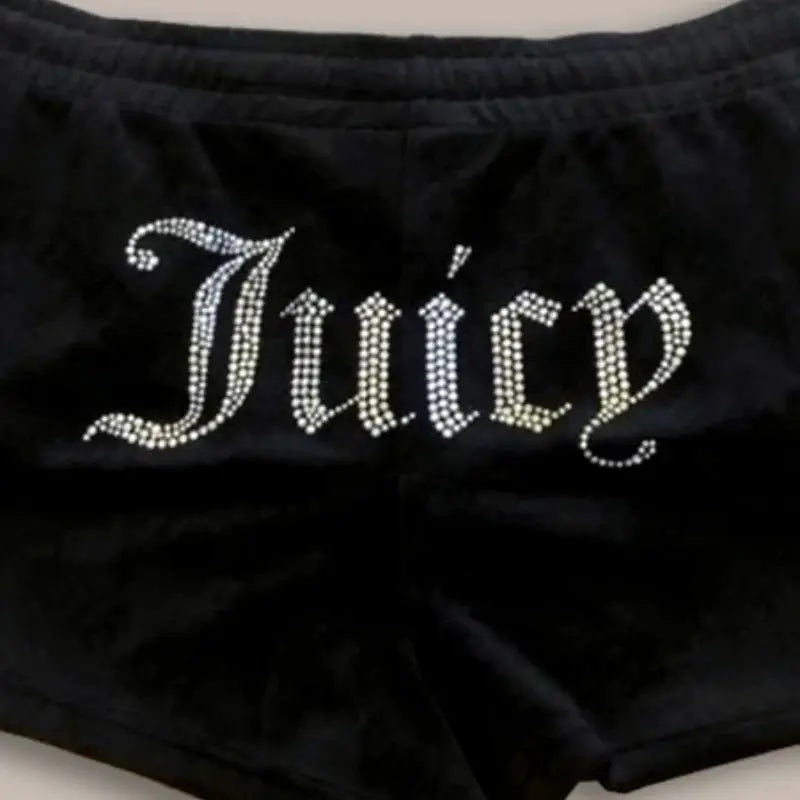 Women's black shorts with rhinestone Juicy logo on back, retro casual loose fit