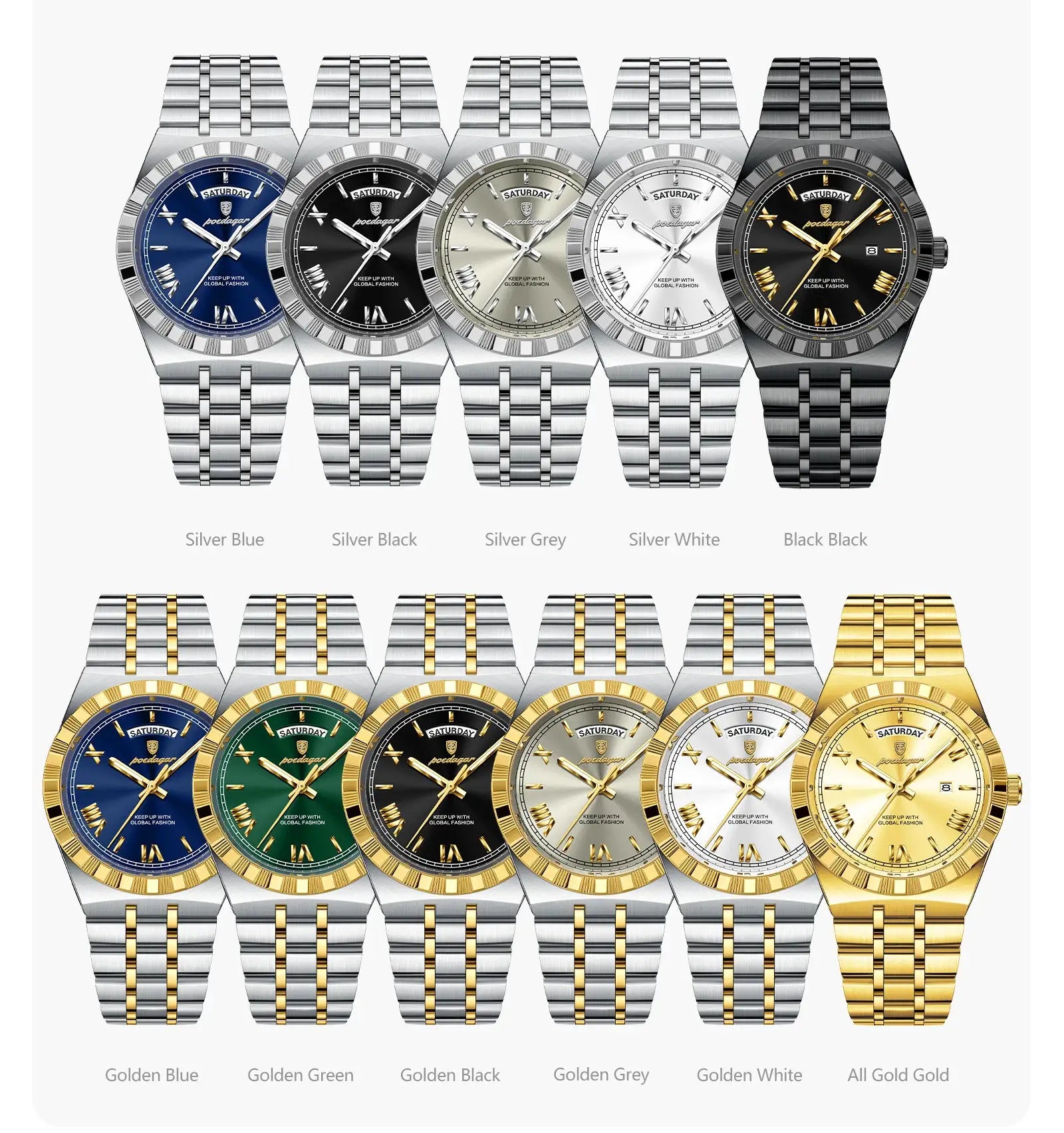 POEDAGAR men's stainless steel quartz watches, 11 silver and gold-tone variants with blue, black, grey, white dials