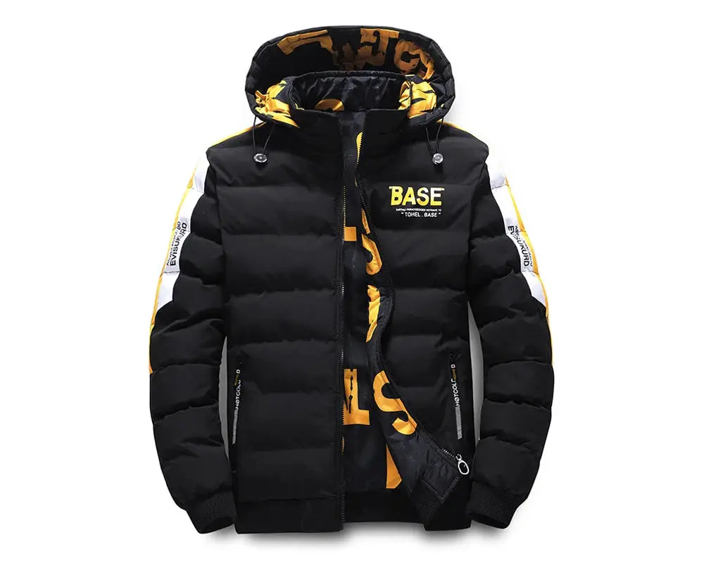 DIMUSI men's black padded winter jacket with hood and BASE chest graphic, yellow lining accents