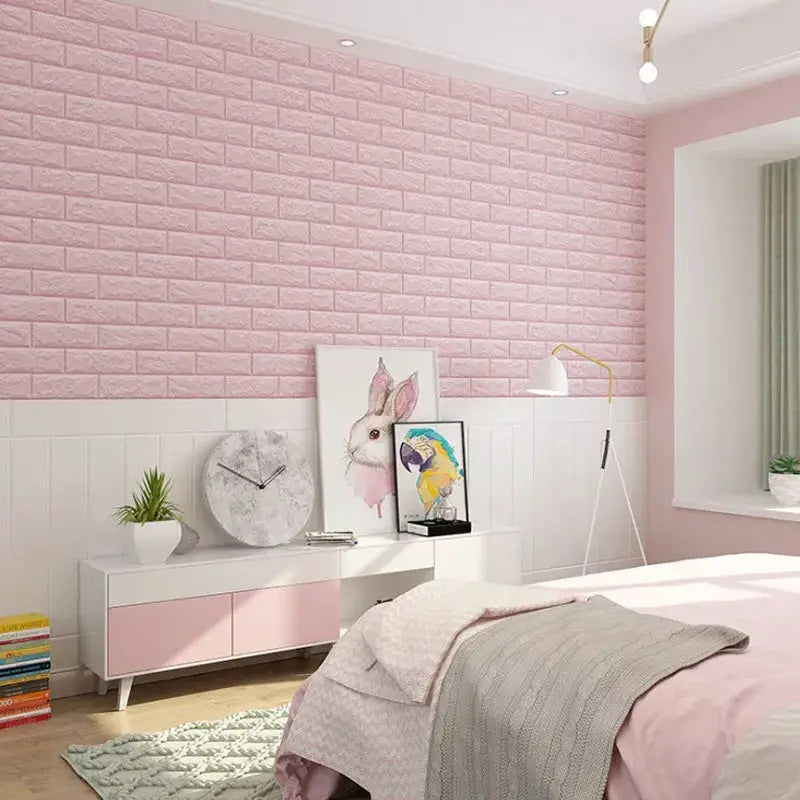 3D brick-pattern wall panels wallpaper; pink color, waterproof DIY decor for bedroom