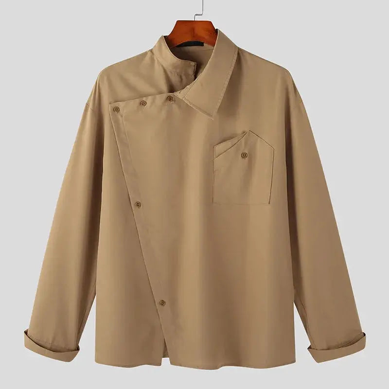 Irregular design buckle lapel shirt for men by Simples Market in beige, long sleeve vintage French style top