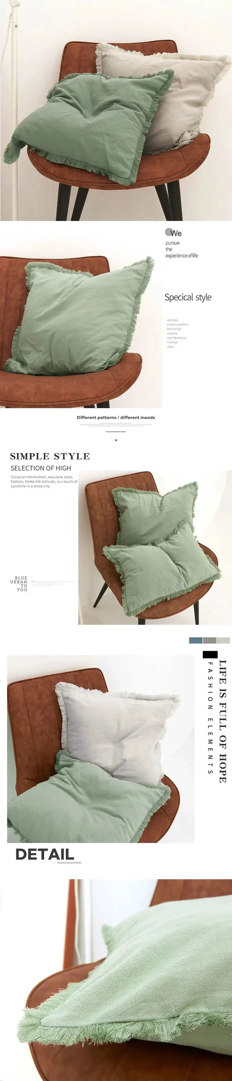 Cushion cover with tassels by Simples Market in sage green; square Nordic pillowcase for living room decor