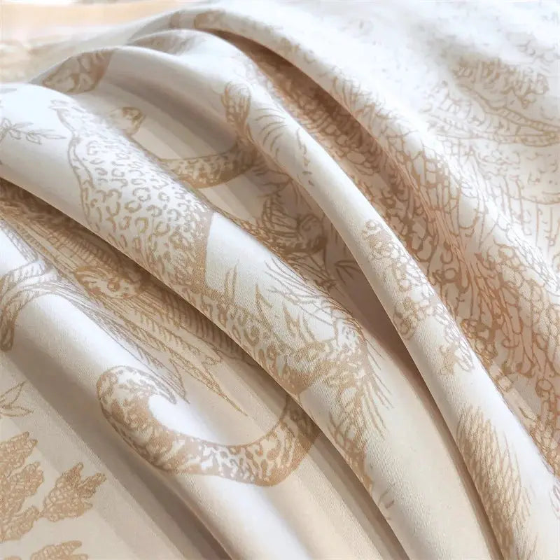 Simples Market eucalyptus-fiber bedding set with beige botanical pattern; includes duvet cover, sheets, and pillowcases.