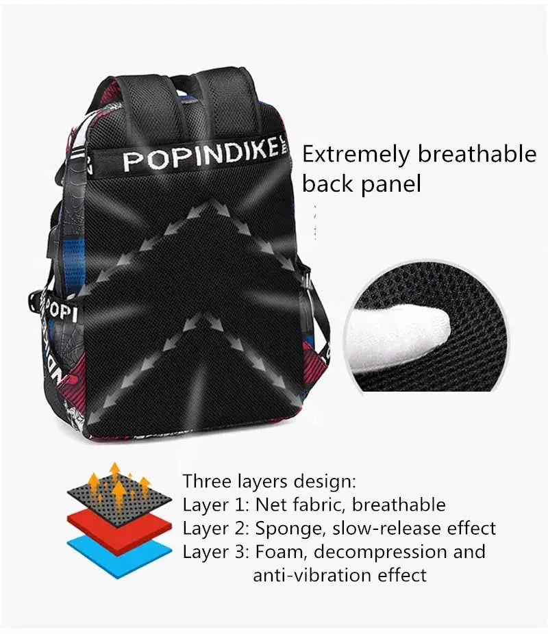 Backpack for elementary school in black with cartoon shark print and padded back panel