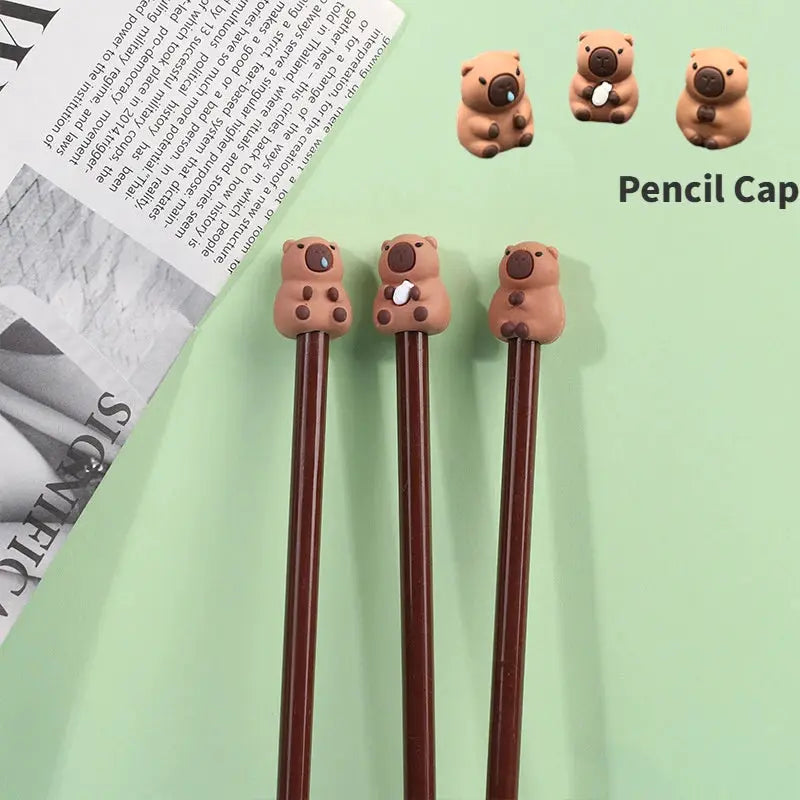 Capybara HB pencil set, 12pc brown pencils with cute toppers