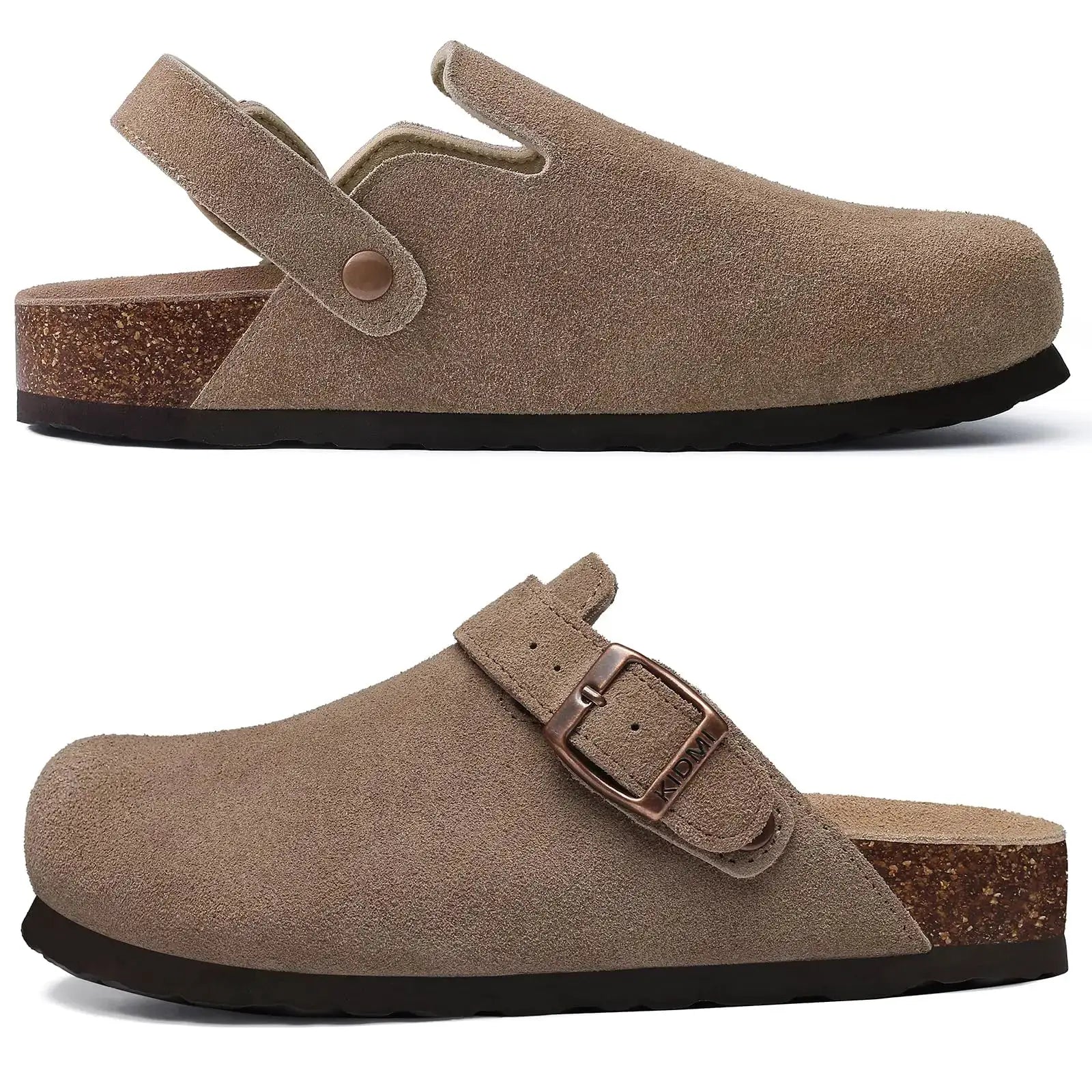 Crestar women's suede clogs with adjustable strap and cork footbed in taupe; Simples Market