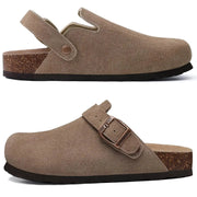 Crestar women's suede clogs with adjustable strap and cork footbed in taupe; Simples Market