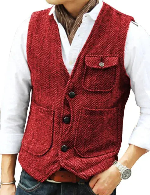 Men's red herringbone wool vest by Simples Market with V-neck, button-front, chest pocket and patch pockets