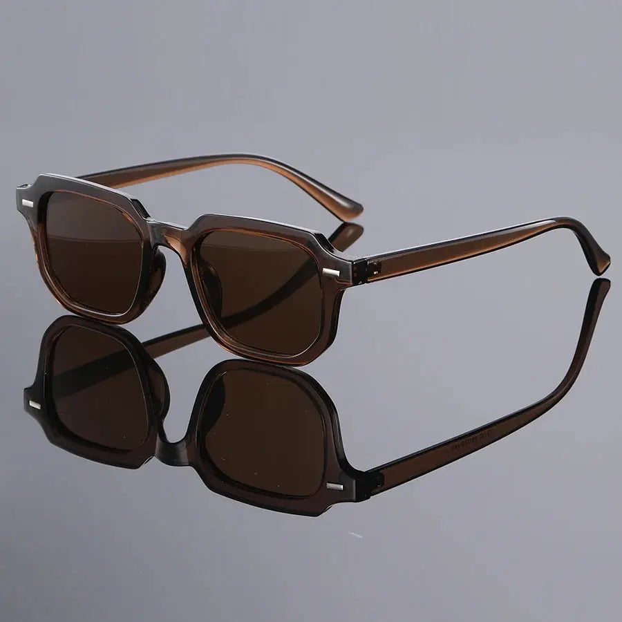 Two brown square-frame sunglasses with retro rivet accents and brown lenses